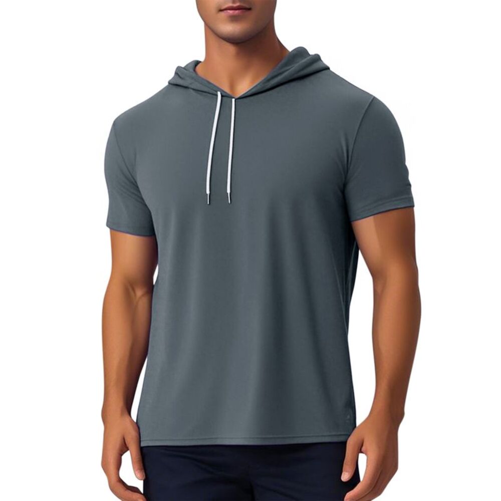 Short Sleeve Athletic Workout Pullover Drawstring Hooded T-Shirts Dark Gray